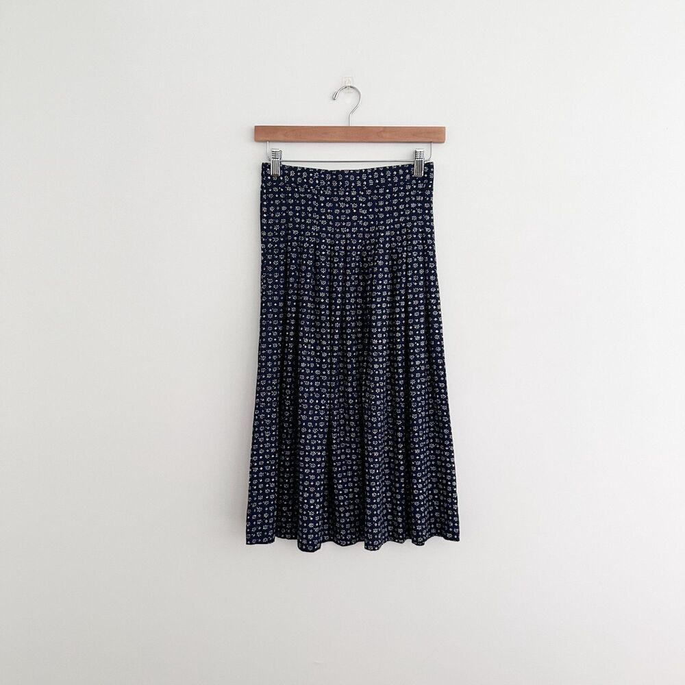 Vintage 90s Rayon Midi Skirt Navy Ditsy Floral Pleated Made in USA Size S